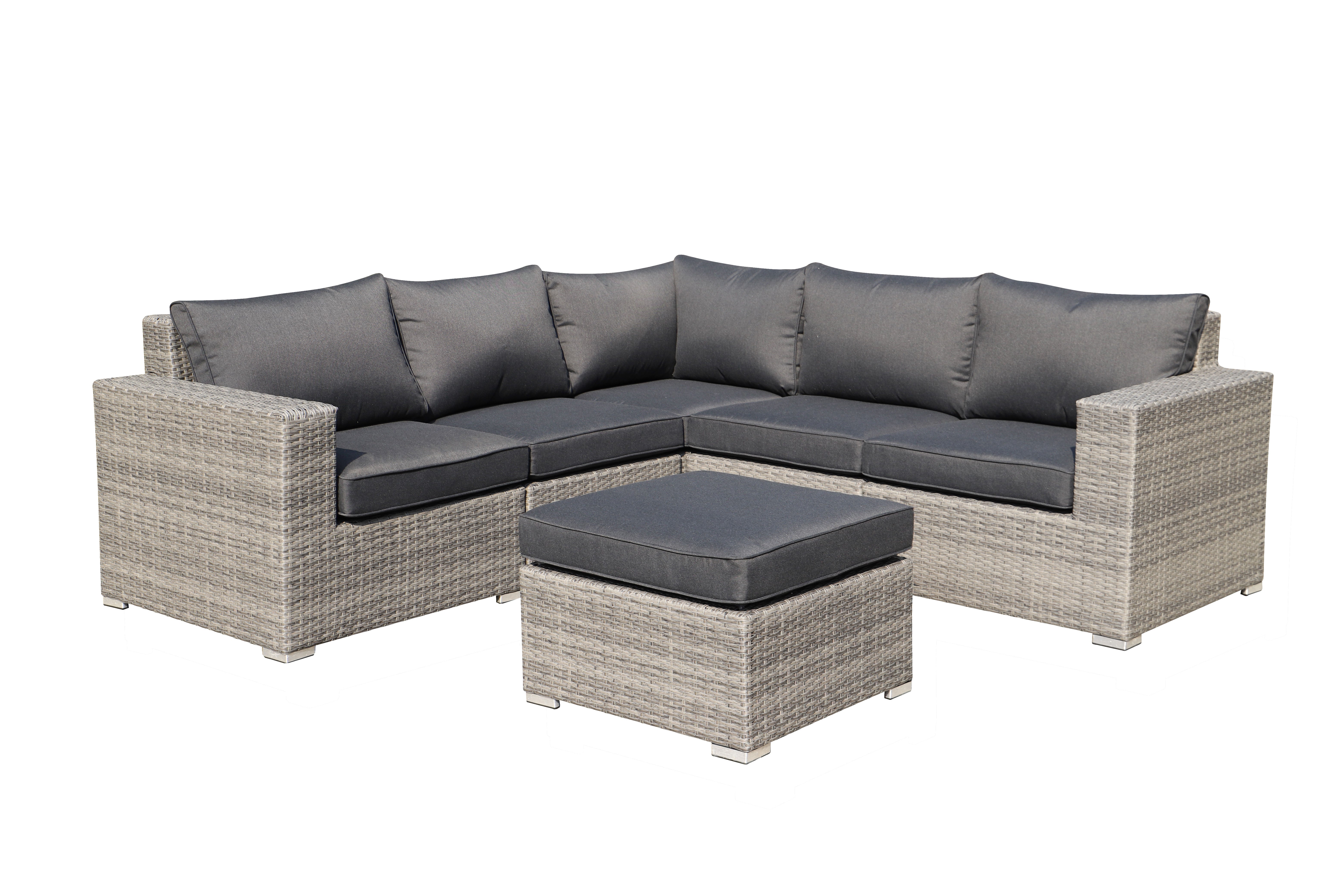 MOSS MOSS-0908GC - Carolina Collection, 6 pcs modular grey flat wicker and aluminum structure including ottoman, with charcoal cushion and glass for coffee table (3 boxes)