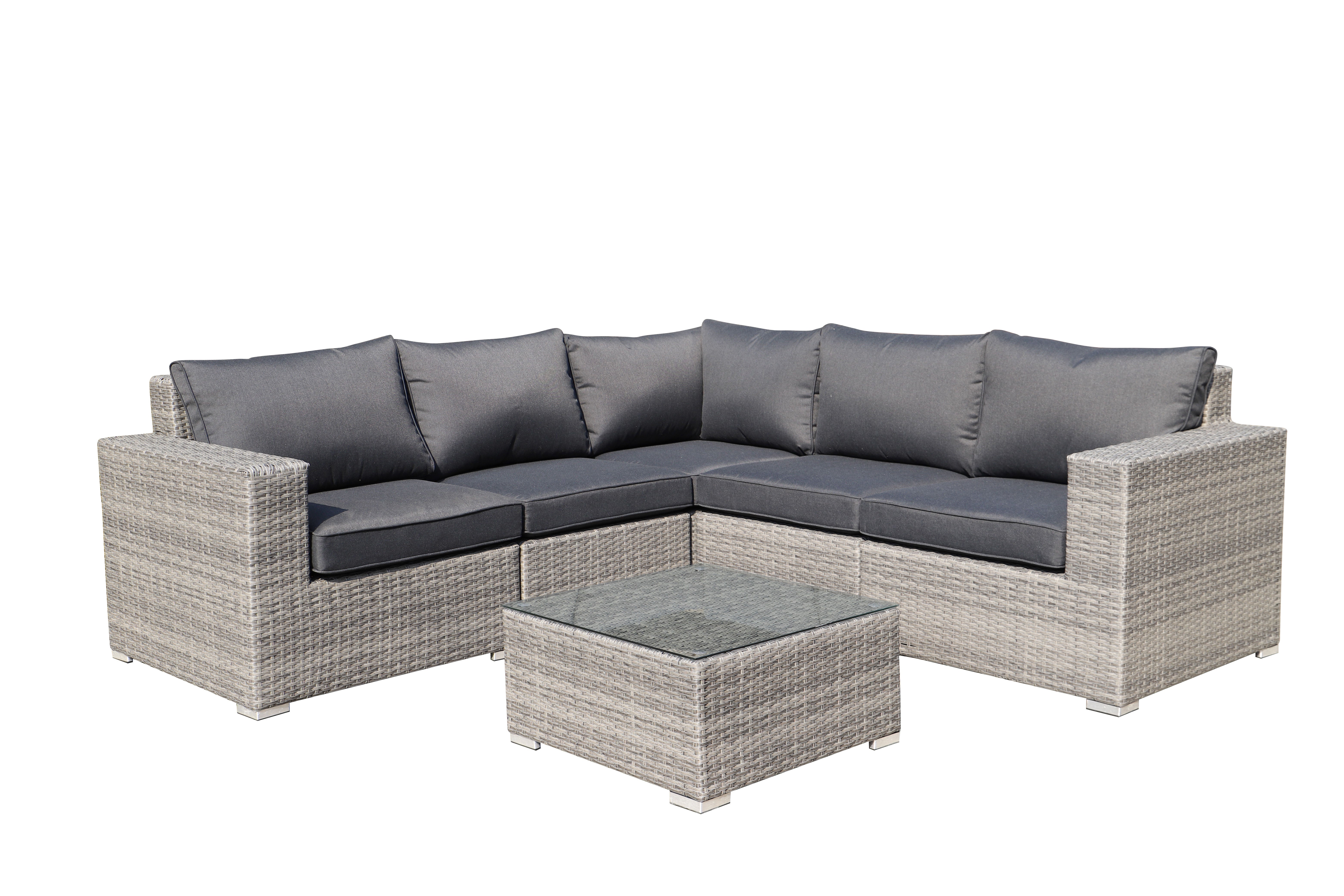 MOSS MOSS-0908GC - Carolina Collection, 6 pcs modular grey flat wicker and aluminum structure including ottoman, with charcoal cushion and glass for coffee table (3 boxes)