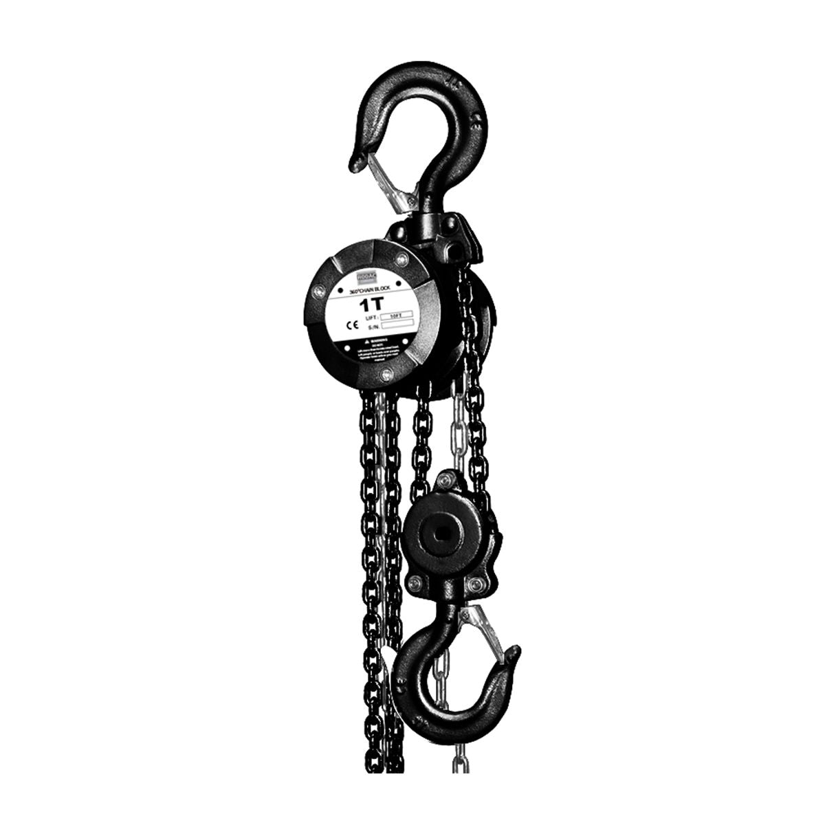 The RODAC 1 Ton Chain Hoist combines a 1-ton capacity with a 10' lift height, featuring 360° rotation for versatility and a G80 inspection certificate for safety and quality assurance.