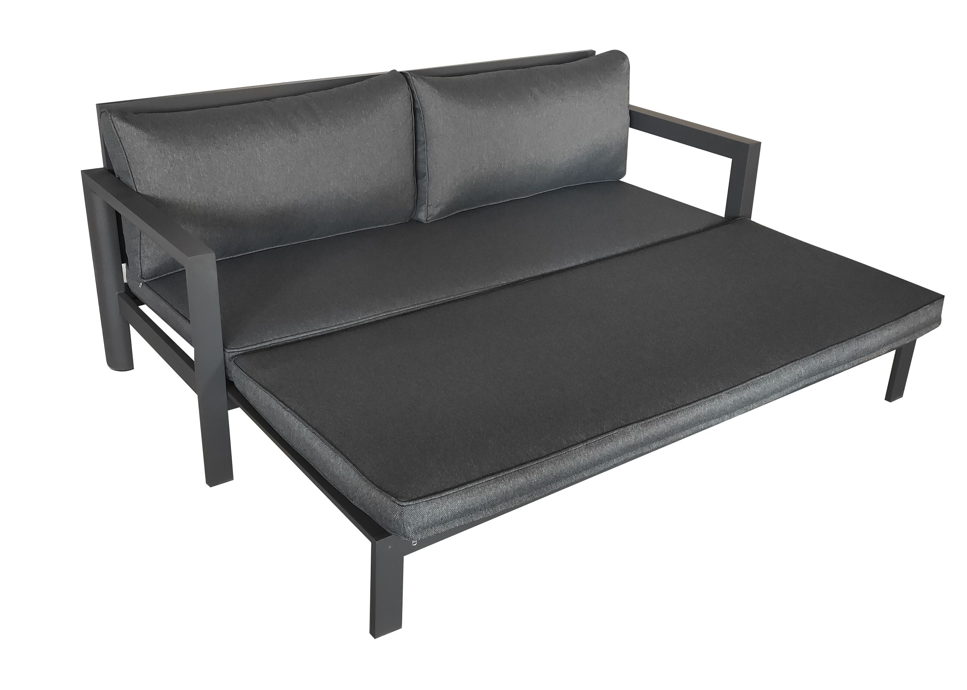 MOSS MOSS-0836NC - Key West Collection, Black aluminium convenient wide loveseat that can be transformed to a daybed with grey textilene quick dry foam 72.8" x 29.1"/58,2" x H 29,5"