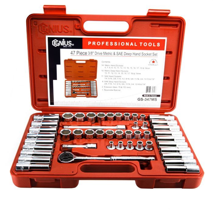 Genius GS-347MS - 47 Piece 3/8" Drive Metric & SAE Deep Hand Socket Set