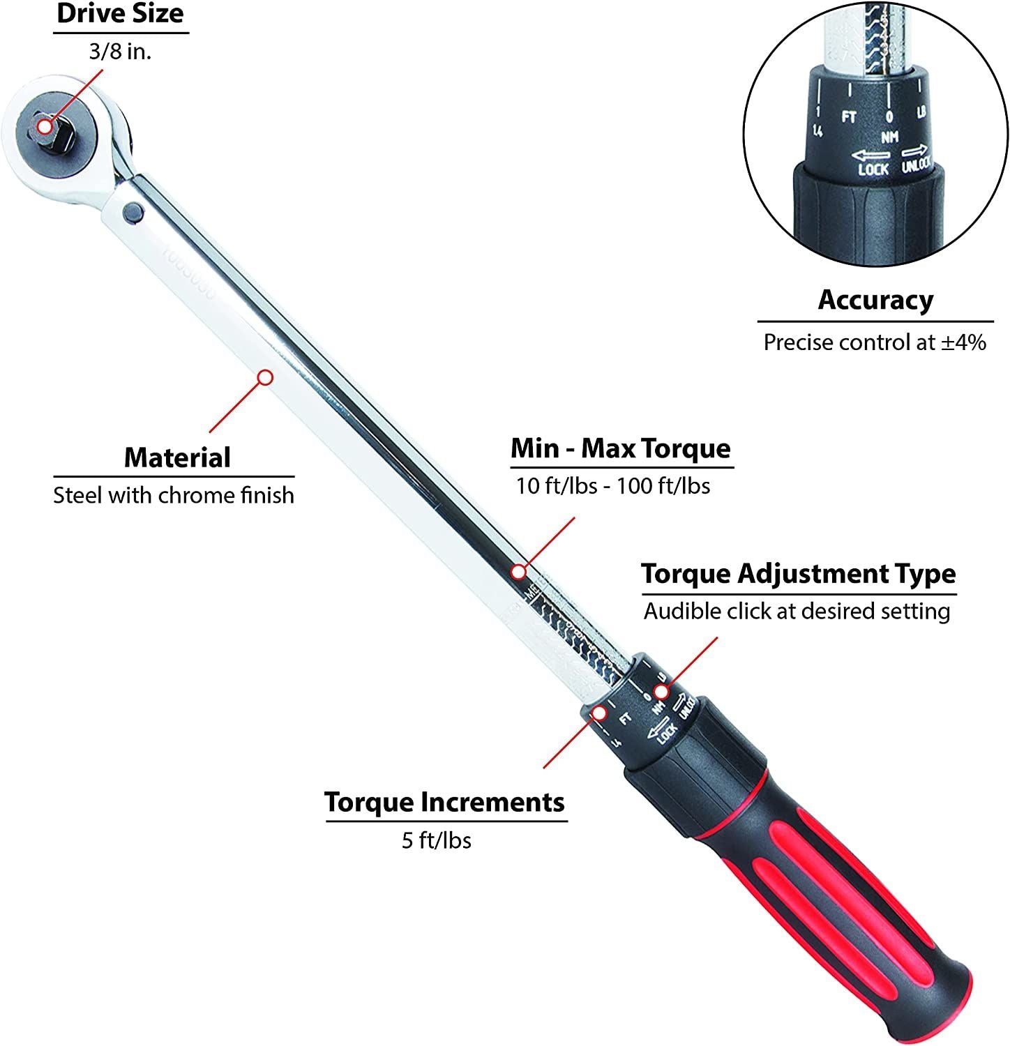 Performance Tools PTM198 - Torque Wrench 3/8" Drive, 10 fts/lbs to 100 ft/lbs Torque