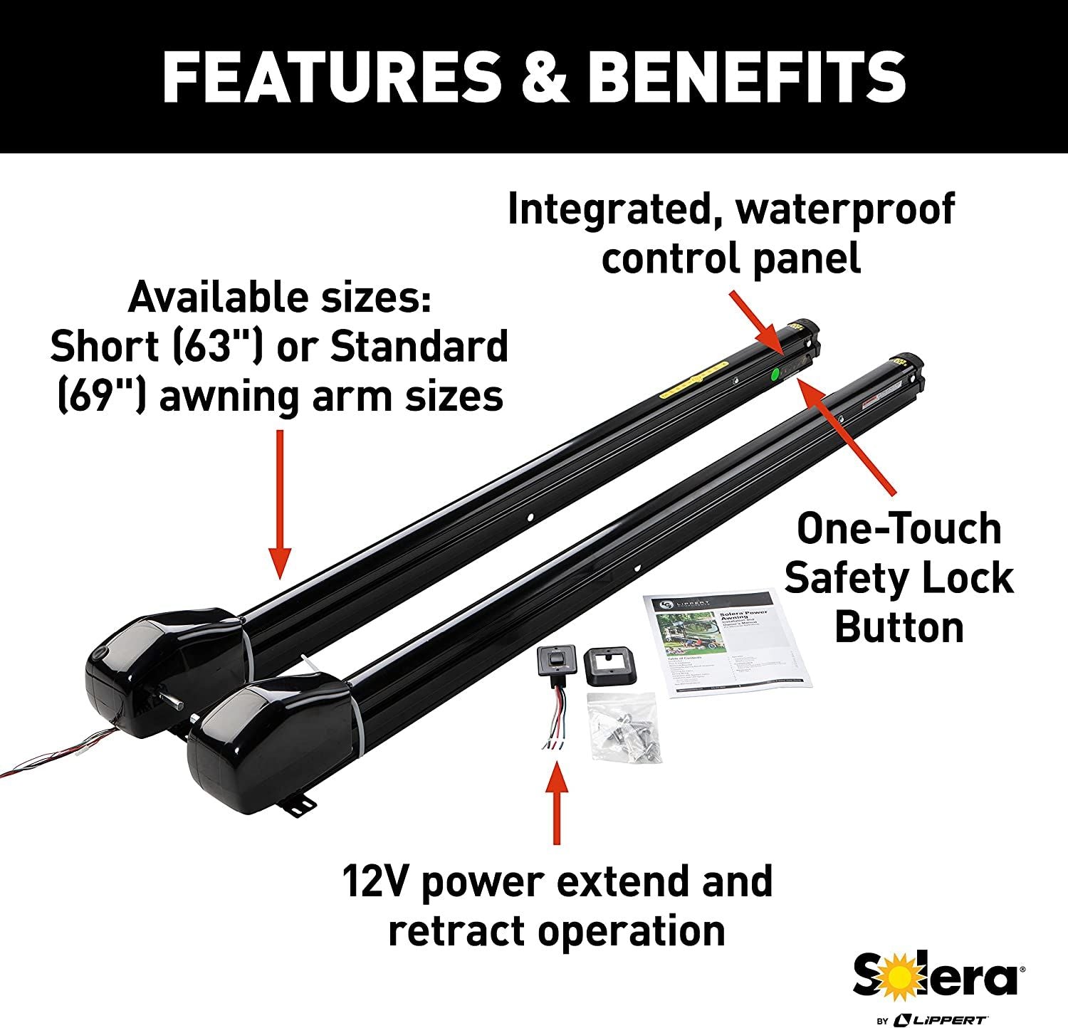 Lippert Components 759516 - Solera Smart Arm™ 12V RV Awning Arms & Hardware Kit - 63" Short Black