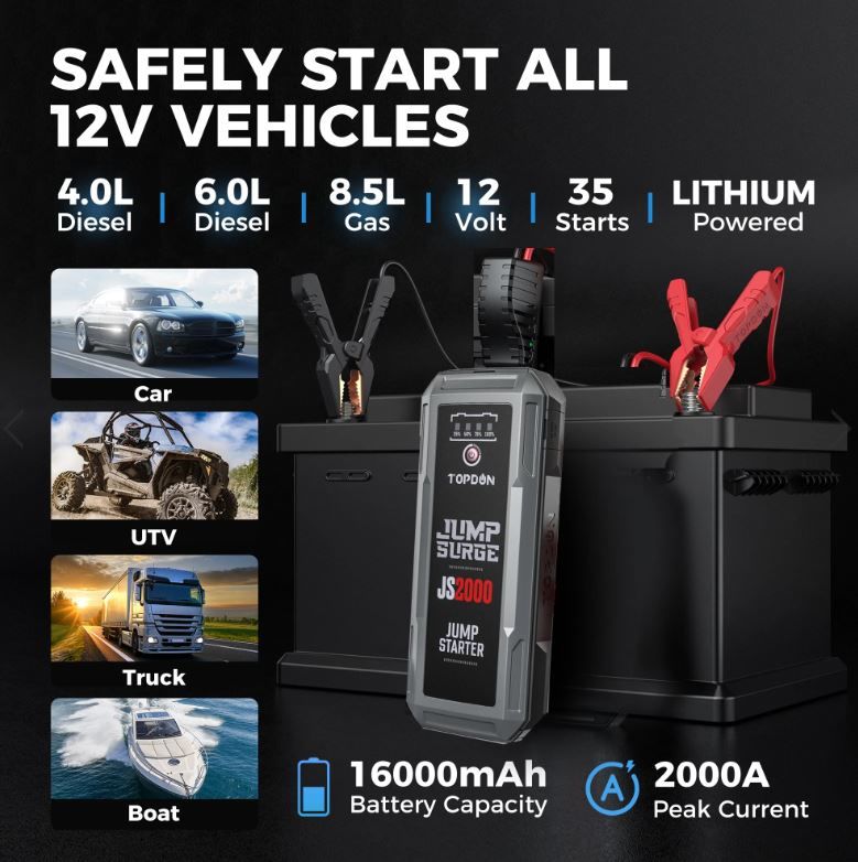 Car Jump Starter, TOPDON JS2000 16000mAh 2000A Peak Portable Car Battery  Booster for Up to 8L Gas/6L Diesel Engines