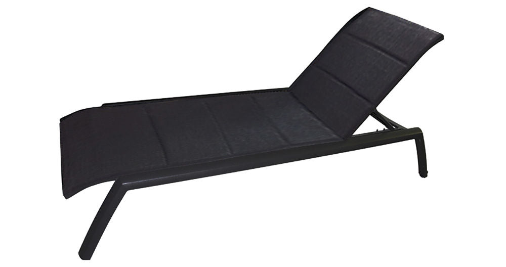 MOSS MOSS-0445NN - Akumal Collection, Black matte aluminum reclining & stackable lounger chair with convenient small back wheels & with black quick dry padded textilene 28 1/2" x 80" x H 14"