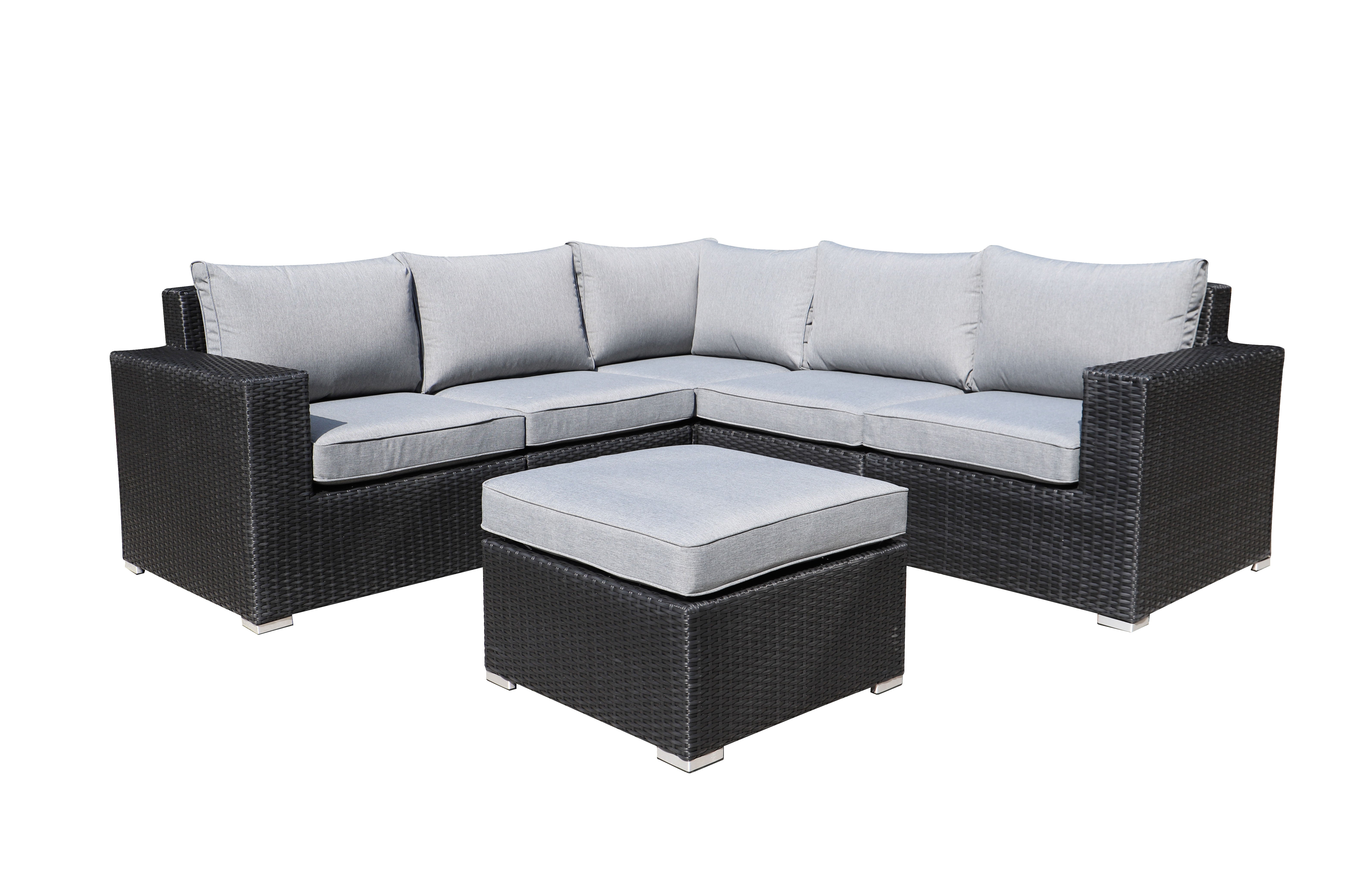 MOSS MOSS-0908NC - Carolina Collection, 6 pcs modular black flat wicker and aluminum structure including ottoman, with grey cushion and glass for coffee table (3 boxes)