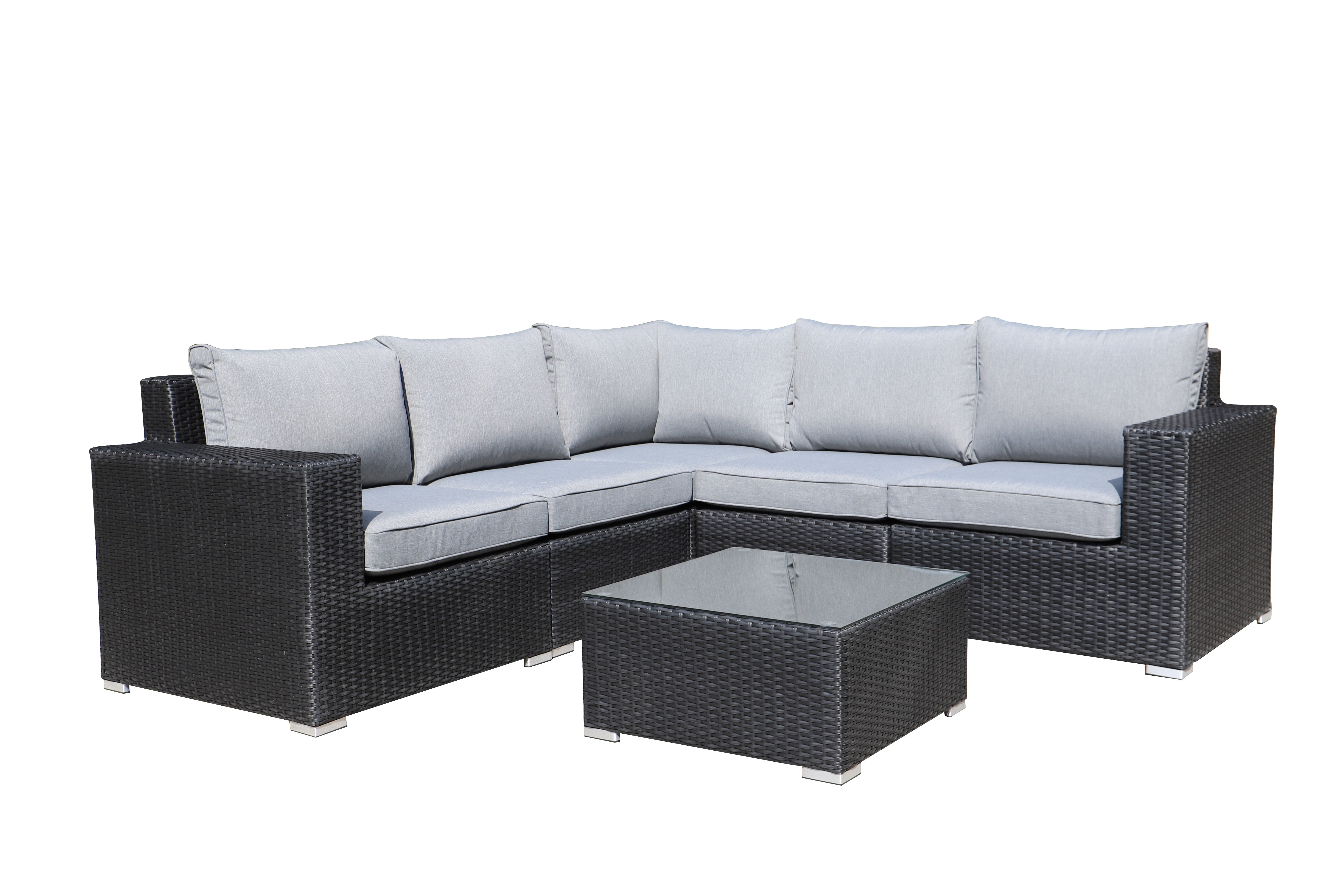 MOSS MOSS-0908NC - Carolina Collection, 6 pcs modular black flat wicker and aluminum structure including ottoman, with grey cushion and glass for coffee table (3 boxes)