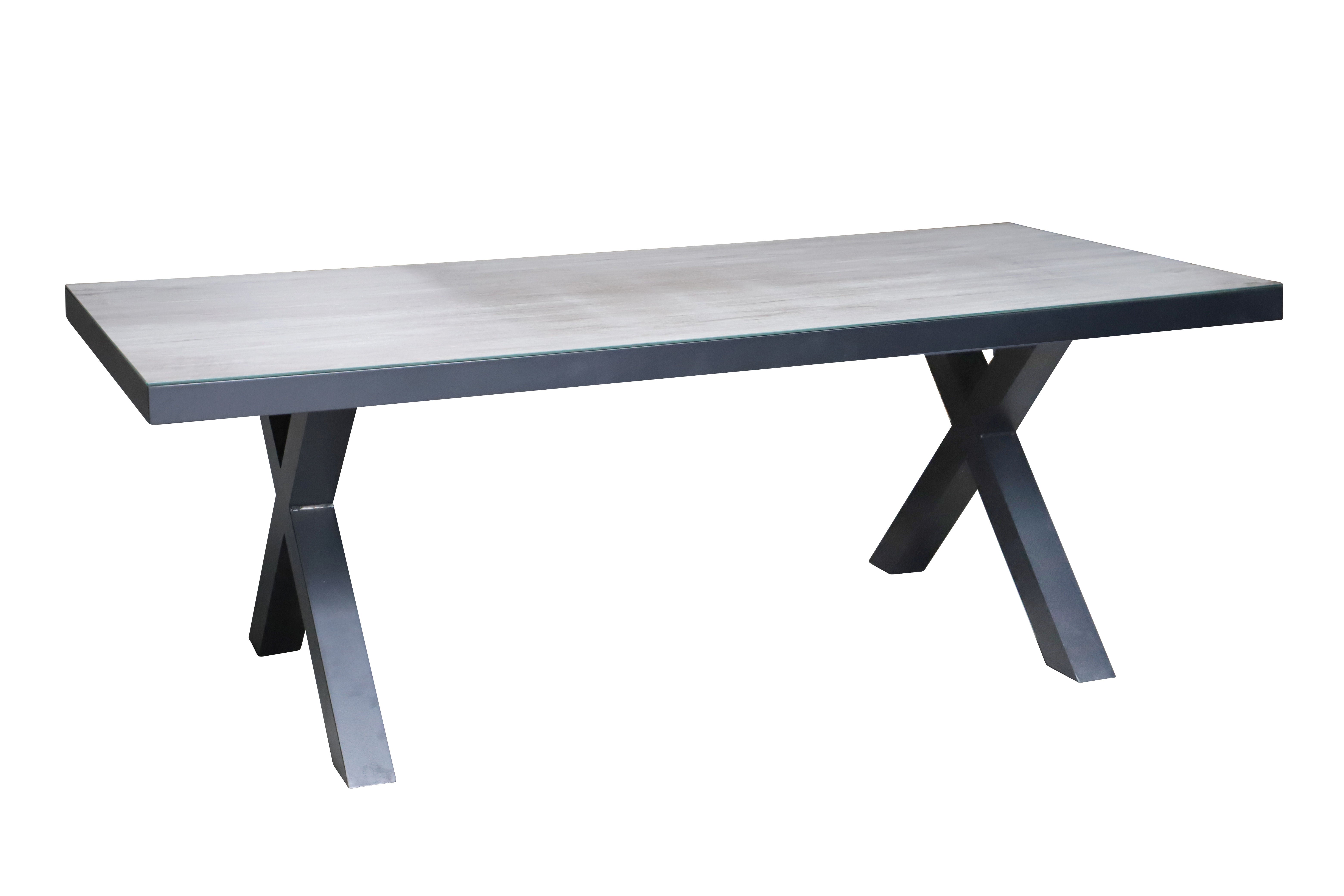 MOSS MOSS-0936GN - Carolina Collection, Rectangular dining table with 5 mm grey-brown wood effect 3d printing glass and aluminum structure with crossed legs 78,7" x 39,4" x H29,1" (2 boxes)