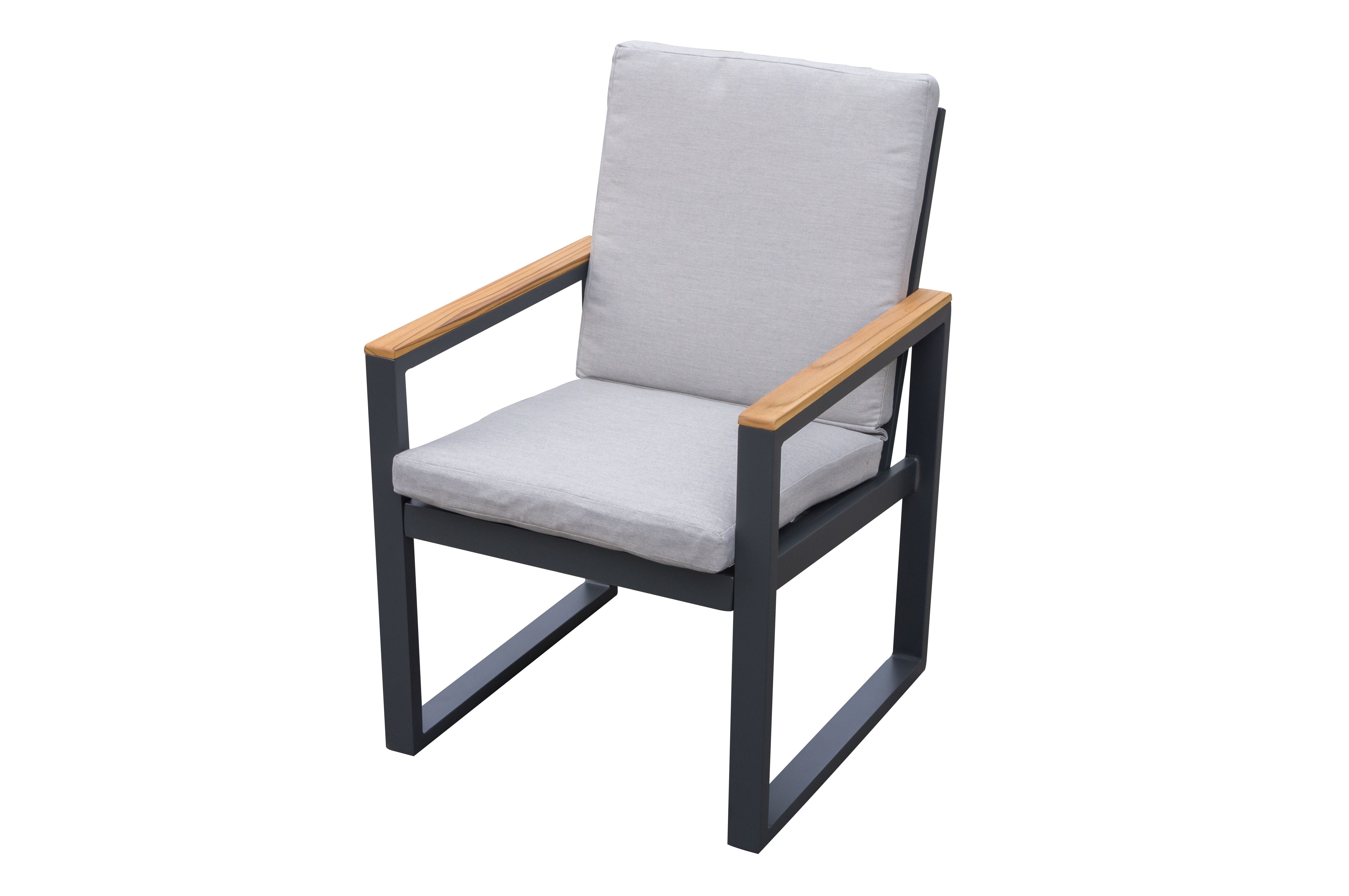MOSS MOSS-6006C - Maroma Collection, Charcoal aluminum chair with square shape armrest with teck wood inserts. Beige back & Seat cushion sewt together 49.2" x 13.3" x H 16.5"