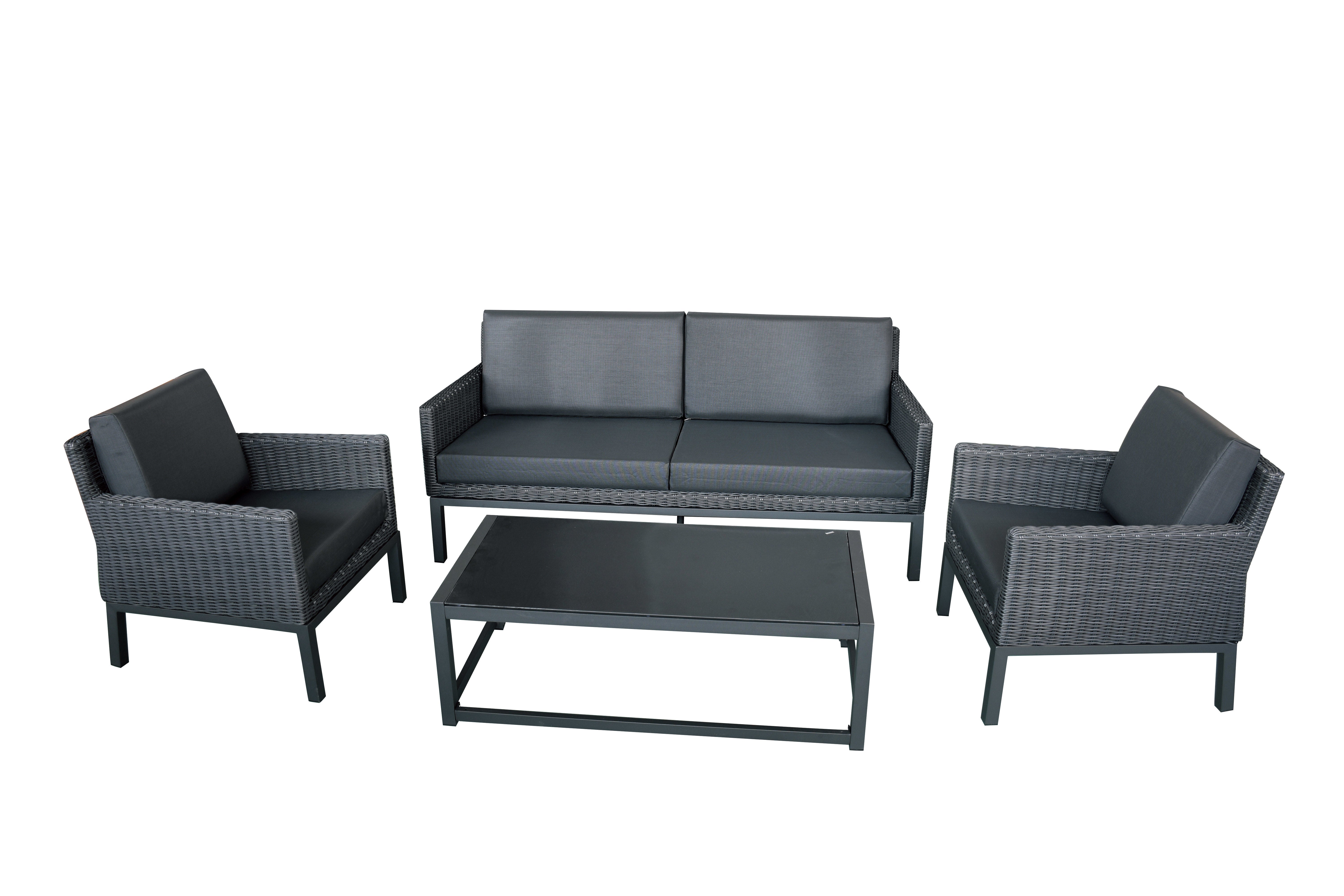 MOSS MOSS-DR0827NN - Key West Collection, 4 pcs Deep seating sofa set in black half-round wicker with 4" black textilene quick dry seat cushions and with black aluminum structure and black glass table top